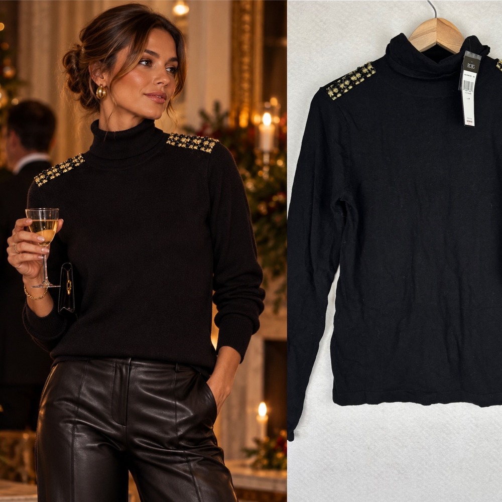 BCBG Paris Embellished Turtleneck Sweater Med Black Gold Shoulder Stud Party
